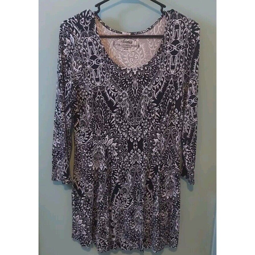 ! SOMA Live. Lounge. Wear. Black Soft Jersey Paisley Leisure Wear Tunic Sz M